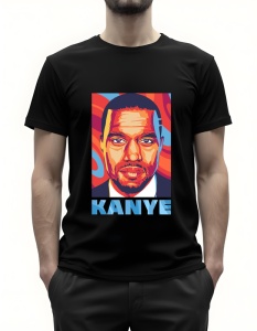 Bărbat purtând un tricou negru cu imprimeu artistic al artistului Kanye West, reprezentat într-un portret stilizat cu culori vibrante pe fundal, având numele Kanye scris în partea de jos.