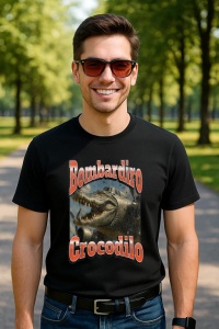 Tricou Barbat Tralalero Tralala cu personajul Bombadiro Crocodilo Funny Italian Brainrot Meme Graphic - Img 5
