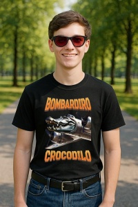 Tricou Barbat Tralalero Tralala cu personajul Bombardino Crocodilo - Italian Brainrot Meme - Img 2