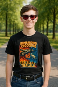 Tricou Barbat Tralalero Tralala cu personajul Bombardiro Crocodilo VS Tralalero Tralala - Italian Brainrot (1) - Img 2
