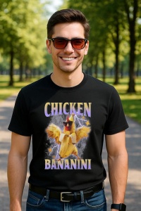 Tricou Barbat Tralalero Tralala cu personajul Chicken Bananini - Italian Brainrot Meme Gen Z - Img 4