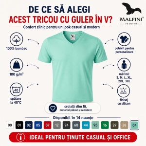 Tricou Bărbați cu Guler în V, 100% Bumbac, Slim Fit, 180 g/m², 14 Culori, Mărimi S–3XL - Img 5