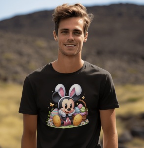 Tânăr purtând un tricou negru cu un design festiv de Paște care îl înfățișează pe Mickey Mouse purtând urechi de iepuraș, așezat lângă un coș cu ouă colorate și flori. Fundalul este un peisaj natural, cu dealuri și cer senin.