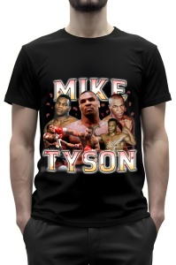 Tricou negru cu un colaj de imagini ale boxerului Mike Tyson în diverse ipostaze iconice din cariera sa, cu mănuși de box roșii și o expresie intensă. Numele 'Mike' este scris deasupra în font mare, iar 'Tyson' apare dedesubt, în culori aurii, evidențiind
