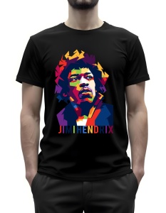 Tricou negru cu un portret stilizat și colorat al lui Jimi Hendrix, realizat într-un stil geometric vibrant, cu numele 'Jimi Hendrix' scris în culori în partea de jos.