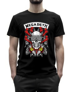 Tricou negru cu un design inspirat de trupa Megadeth, afișând un craniu cu cască metalică și ochelari, înconjurat de bombe și simboluri radioactive, cu textul 'Megadeth' deasupra.