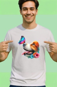 Tricou Beagle cu fluture turcoaz si floare roz design artistic Copii | Dama | Barbat Barbat - Img 2