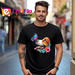 Tricou Beagle cu fluture turcoaz si floare roz design artistic Copii | Dama | Barbat, negru - Img 6