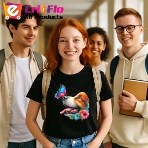 Tricou Beagle cu fluture turcoaz si floare roz design artistic Copii | Dama | Barbat, negru - Img 11
