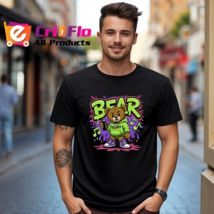Tricou Bear teddy verde cu hanorac muzical si graffiti violet Copii | Dama | Barbat, negru - Img 6