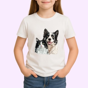 Tricou Border Collie si pisica alb negru adorabili impreuna Copii | Dama | Barbat Barbat