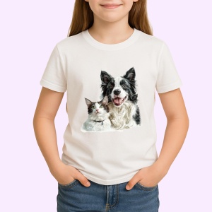 Tricou Border Collie si pisica bicolor alb negru afectiune pura Copii | Dama | Barbat Barbat