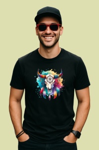 Tricou Bull skull feathers watercolor, craniu de taur cu pene in acuarela, Copii | Dama | Barbat , tricou negru - Img 3