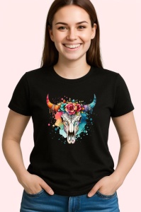 Tricou Bull skull floral crown, craniu taur cu coroana florala, Copii | Dama | Barbat , tricou negru - Img 3