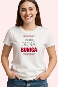 Tricou Bunica V4 Scris Roz, din bumbac 100% , tricou alb pentru Dama - Img 2