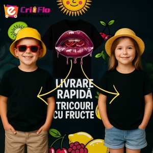 Tricou Buze bordo cu trandafir rosu, Lip gloss, Copii | Dama, culoare negru - Img 7