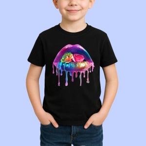 Tricou Buze cu trandafir roz si stropi mov, Lip gloss, Copii | Dama, culoare negru - Img 3