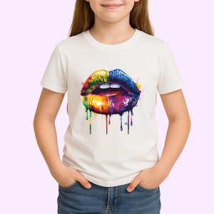 Tricou Buze curcubeu cu efecte de vopsea fundal albastru Copii | Dama | Barbat - Img 3