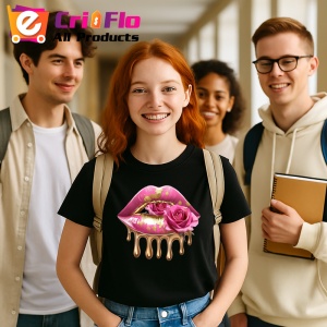Tricou Buze femeie alb-violet cu trandafiri asortati, Lip gloss, Copii | Dama, culoare negru - Img 9