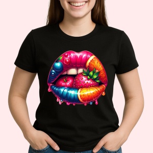 Tricou Buze femeie bordo cu trandafir rosu, Lip gloss, Copii | Dama, culoare negru - Img 2