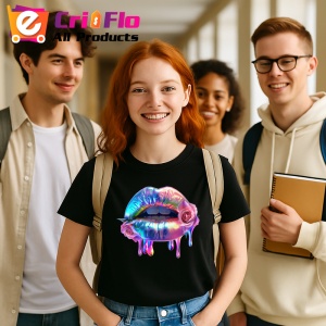 Tricou Buze femeie cu efect metalic si trandafir roz, Lip gloss, Copii | Dama, culoare negru - Img 5