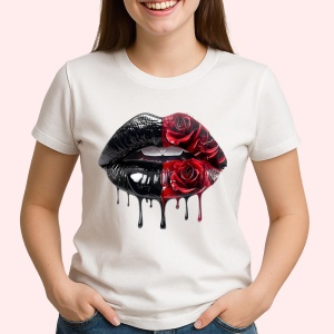 Tricou Buze femeie intense cu trandafiri rosii pictati, Lip gloss, Copii | Dama - Img 2