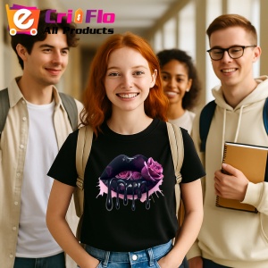 Tricou Buze femeie negre cu doi trandafiri roz inchis, Lip gloss, Copii | Dama, culoare negru - Img 5