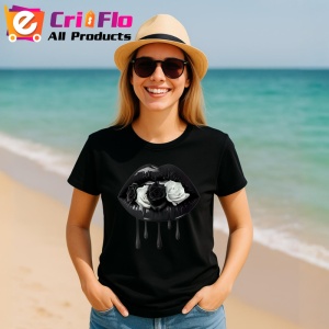 Tricou Buze femeie negre cu trandafir roz si negru, Lip gloss, Copii | Dama, culoare negru - Img 10