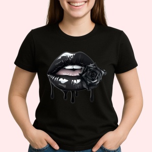 Tricou Buze femeie negre cu trandafiri turcoaz luminosi, Lip gloss, Copii | Dama, culoare negru - Img 3