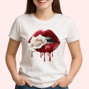 Tricou Buze femeie rosii cu trandafir alb contrastant, Lip gloss, Copii | Dama