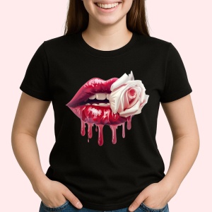 Tricou Buze femeie rosii cu trandafir alb contrastant, Lip gloss, Copii | Dama, culoare negru - Img 3