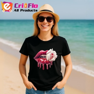 Tricou Buze femeie rosii cu trandafir alb contrastant, Lip gloss, Copii | Dama, culoare negru - Img 17