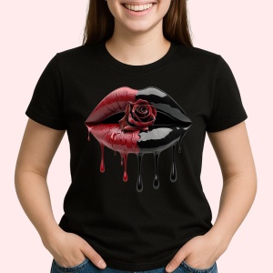 Tricou Buze femeie rosu si negru cu trandafir central, Lip gloss, Copii | Dama, culoare negru - Img 2