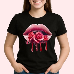 Tricou Buze femeie roz cu doua trandafiri romantici, Lip gloss, Copii | Dama, culoare negru