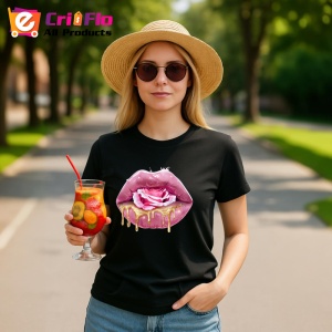 Tricou Buze femeie roz cu doua trandafiri romantici, Lip gloss, Copii | Dama, culoare negru - Img 9