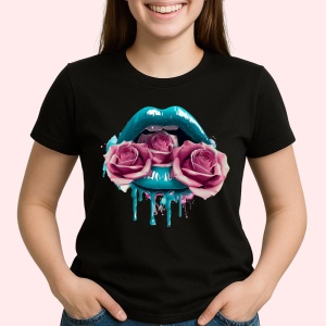 Tricou Buze femeie roz si auriu cu trandafiri roz pal, Lip gloss, Copii | Dama, culoare negru - Img 3