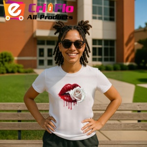 Tricou Buze femeie roz si auriu cu trandafiri roz pal, Lip gloss, Copii | Dama - Img 11