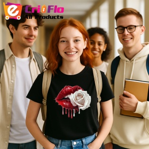 Tricou Buze femeie roz si auriu cu trandafiri roz pal, Lip gloss, Copii | Dama, culoare negru - Img 10