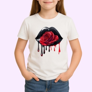 Tricou Buze negre cu trandafir rosu aprins, Lip gloss, Copii | Dama