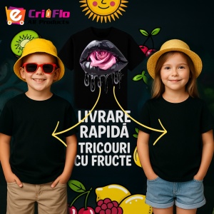 Tricou Buze negre cu trandafir rosu aprins, Lip gloss, Copii | Dama, culoare negru - Img 12