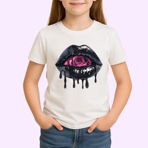 Tricou Buze negre cu trandafir roz inchis, Lip gloss, Copii | Dama