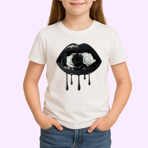 Tricou Buze negre cu trandafir roz inchis, Lip gloss, Copii | Dama - Img 3