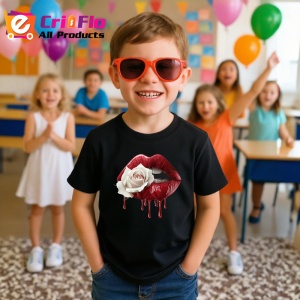 Tricou Buze rosii cu trandafir alb contrastant, Lip gloss, Copii | Dama, culoare negru - Img 5