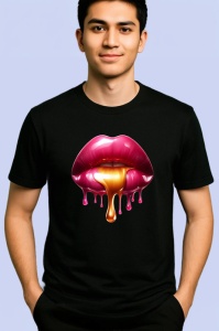 Tricou Buze rosii lucioase cu efect lichid fundal alb Copii | Dama | Barbat, culoare negru - Img 2