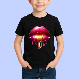 Tricou Buze rosii lucioase cu efect lichid fundal alb Copii | Dama | Barbat, culoare negru - Img 4