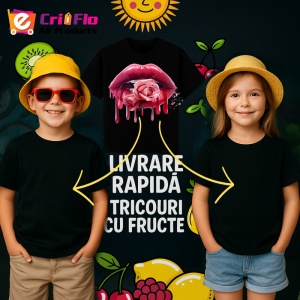 Tricou Buze rosu cu trandafir roz si lumina delicata, Lip gloss, Copii | Dama, culoare negru - Img 7