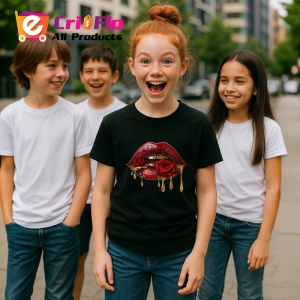 Tricou Buze rosu cu trandafir roz si lumina delicata, Lip gloss, Copii | Dama, culoare negru - Img 17