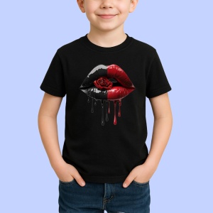 Tricou Buze rosu intens cu trandafir si auriu lichid, Lip gloss, Copii | Dama, culoare negru - Img 3