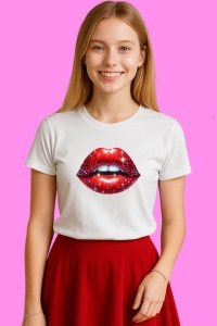 Tricou Buze Rosu Sclipici Glamour Craciun, din bumbac 100%, tricou alb, Copii | Dama | Barbat - Img 3