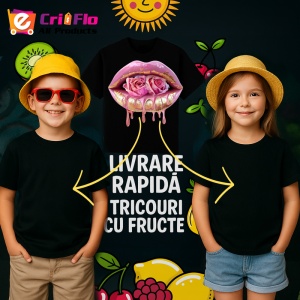 Tricou Buze roz lucios cu trandafiri pastel, Lip gloss, Copii | Dama, culoare negru - Img 12
